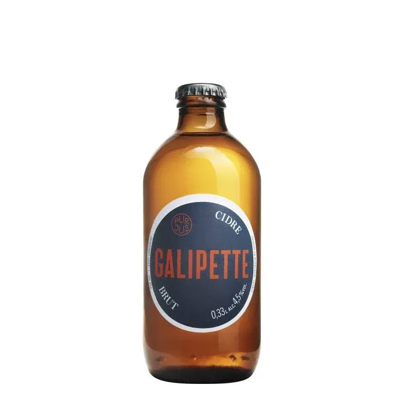 Galipette Cidre Brut fles van 33cl, helder amberkleurig met donkerblauw etiket, Franse droge cider
