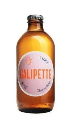 Galipette Rosé cider in bruin flesje van 330ml, lichtroze etiket met rode en paarse opdruk, 0,0% alcohol