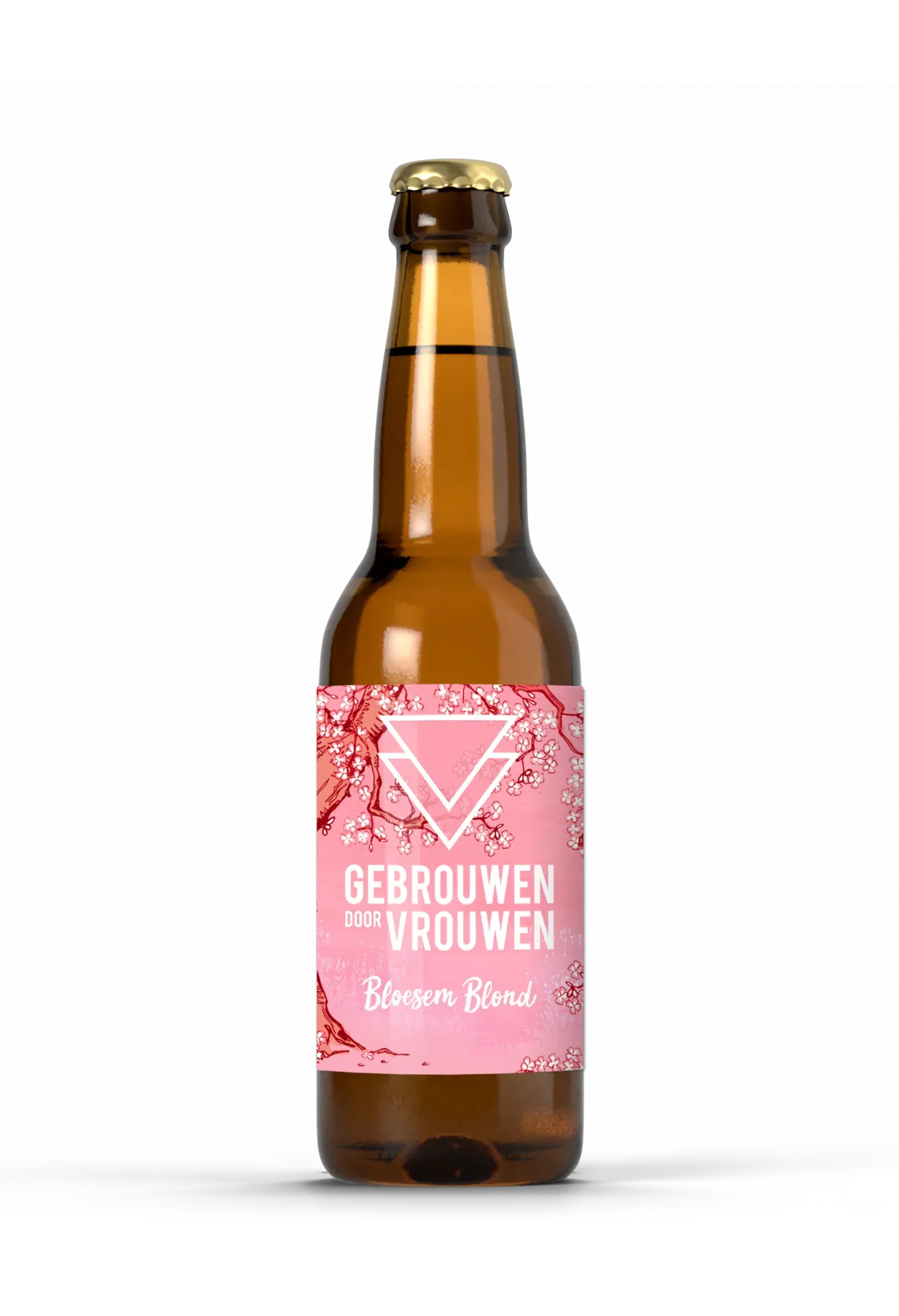 Bloesem Blond bier in fles met roze label en bloesemtakken. Gebrouwen door Vrouwen.