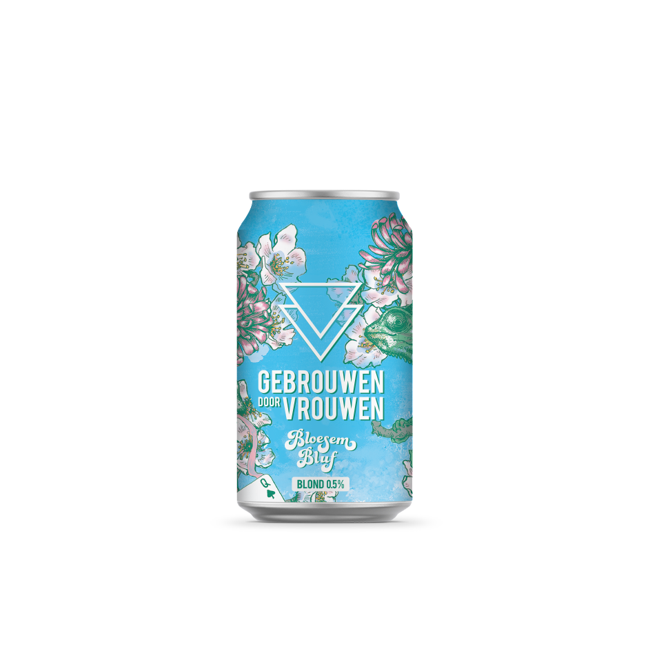 Blik Blossum Bluf bier – bloemig blond bier van Gebrouwen door Vrouwen met lichte body en  stijl, fleurig speciaalbier.