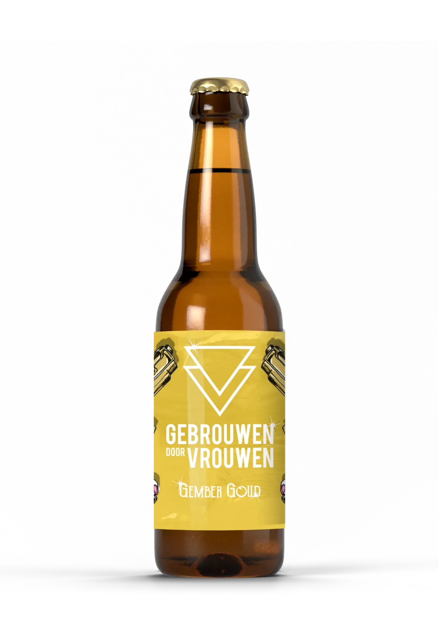 Gember Goud bier van Gebrouwen door Vrouwen in goudgele bier fles met strakke lijntekening – kruidig blond speciaalbier