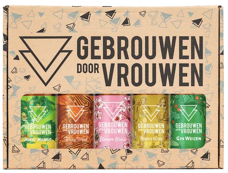 Gebrouwen door Vrouwen geschenkdoos met vijf kleurrijke blikjes speciaal bier, waaronder blond, tripel en weizen.