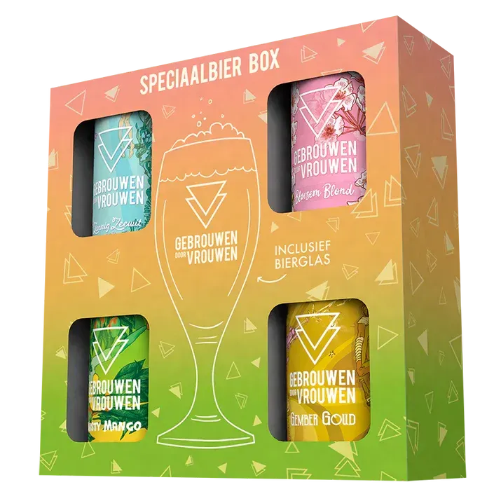Gebrouwen door Vrouwen bier pakket met 4 kleurrijke blikken en glas – Blossom Blond, Zonnig Zeewit, Gember Goud bier