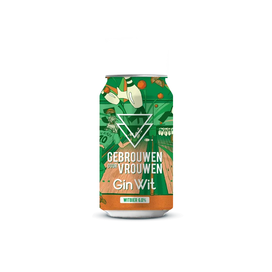 Gin Wit bier van Gebrouwen door Vrouwen, kleurrijk groen blik met sinaasappels en witte pumps, 6% alcohol