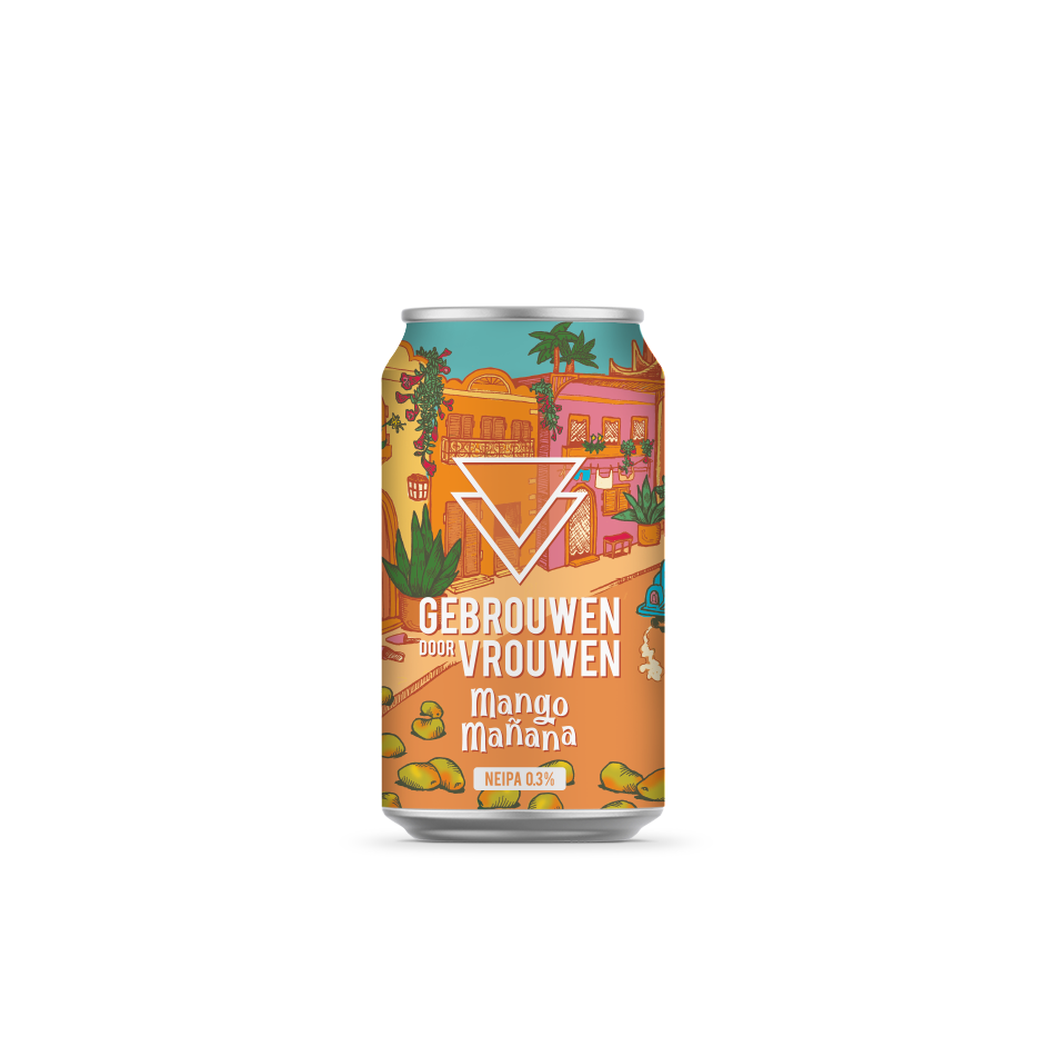 Blik Mango Mañana NEIPA 0.3% van Gebrouwen door Vrouwen met kleurrijk tropisch etiket, fruitig bier met mango