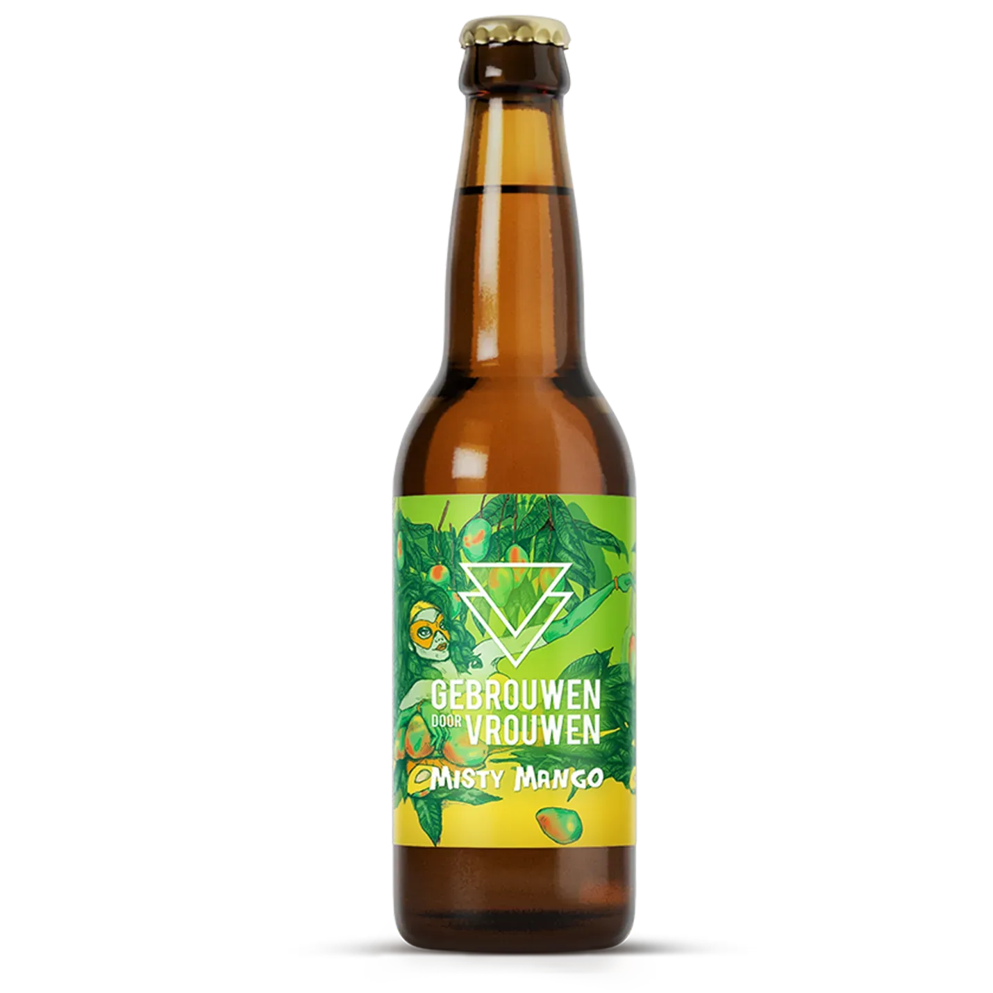Fles bier Misty Mango van Gebrouwen door Vrouwen met tropisch etiket vol mango’s, een zomers fruitig bier met vrolijke look