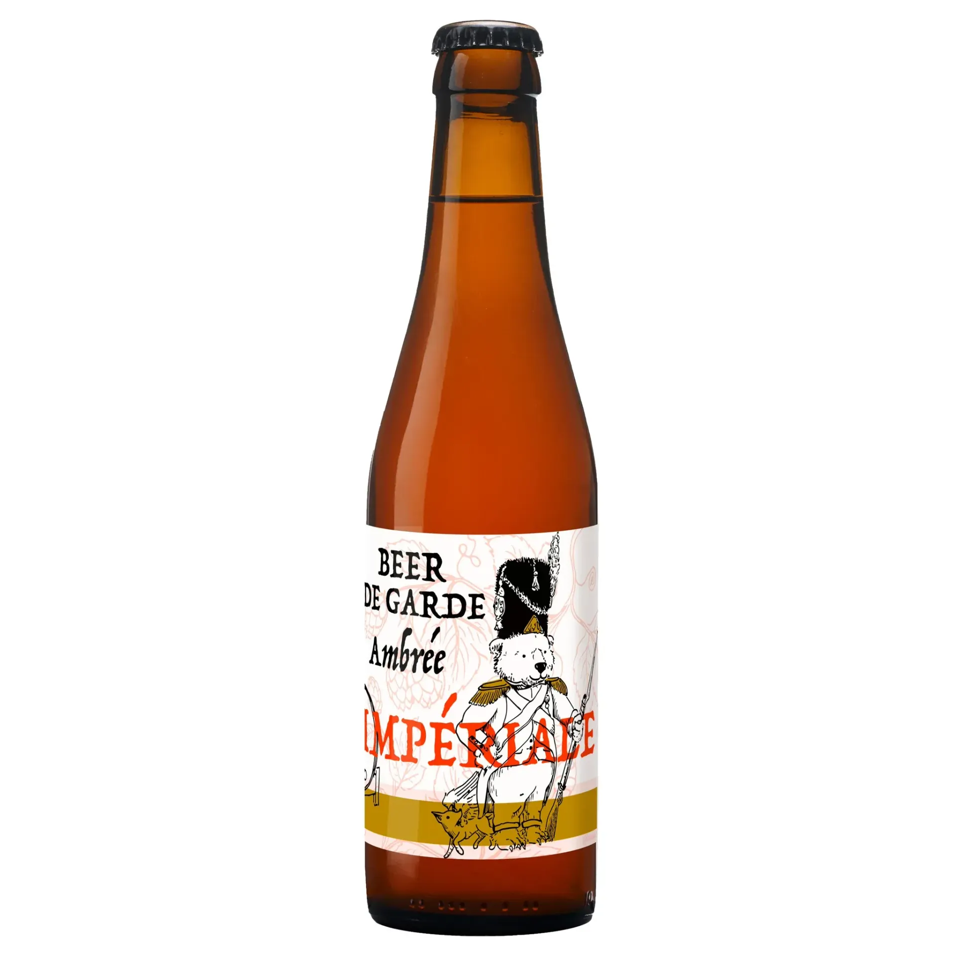 Impériale bier amberkleurige bière de garde in bier fles met speels Frans etiket en een getekende beer in keizerlijk uniform.