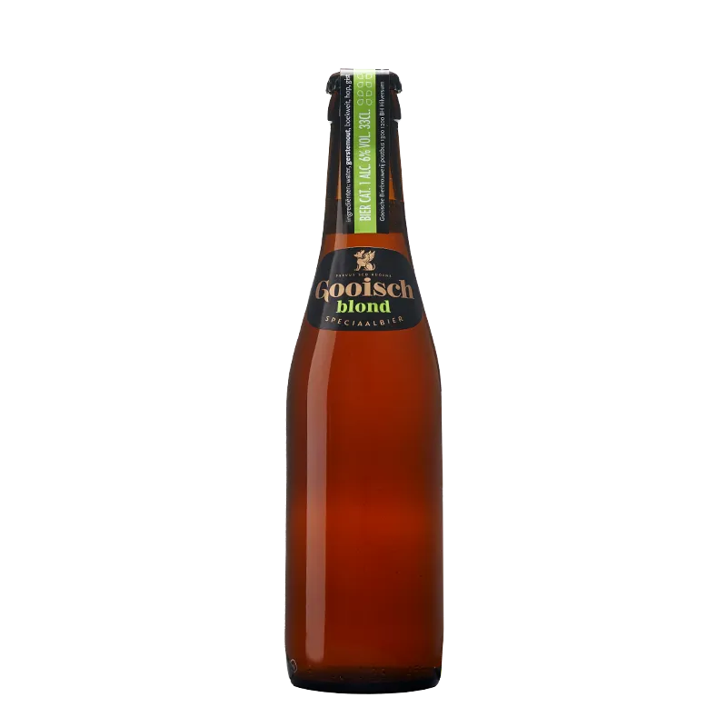 Donkerblonde fles Gooisch Blond. Elegant blond bier met zachte body en lokale signatuur uit Hilversum.