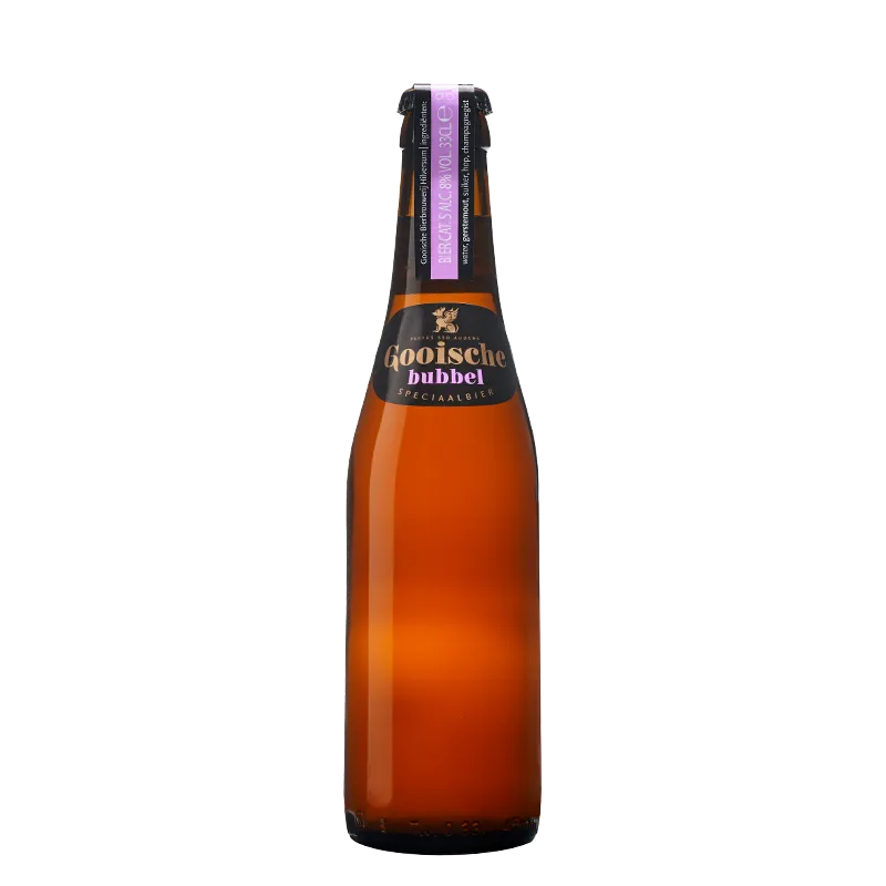 Fles Gooische Bubbel bier met zwart-paars etiket en goudaccenten, feestelijk Nederlands speciaalbier