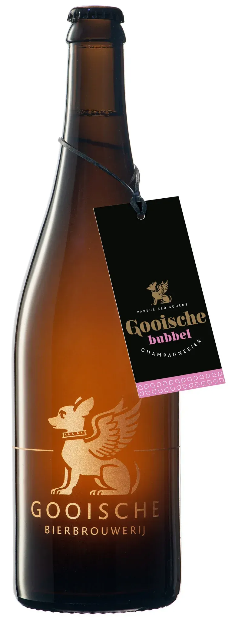 fles gooische bubbel bier met gouden logo en zwart label van champagnebier met roze accentenn