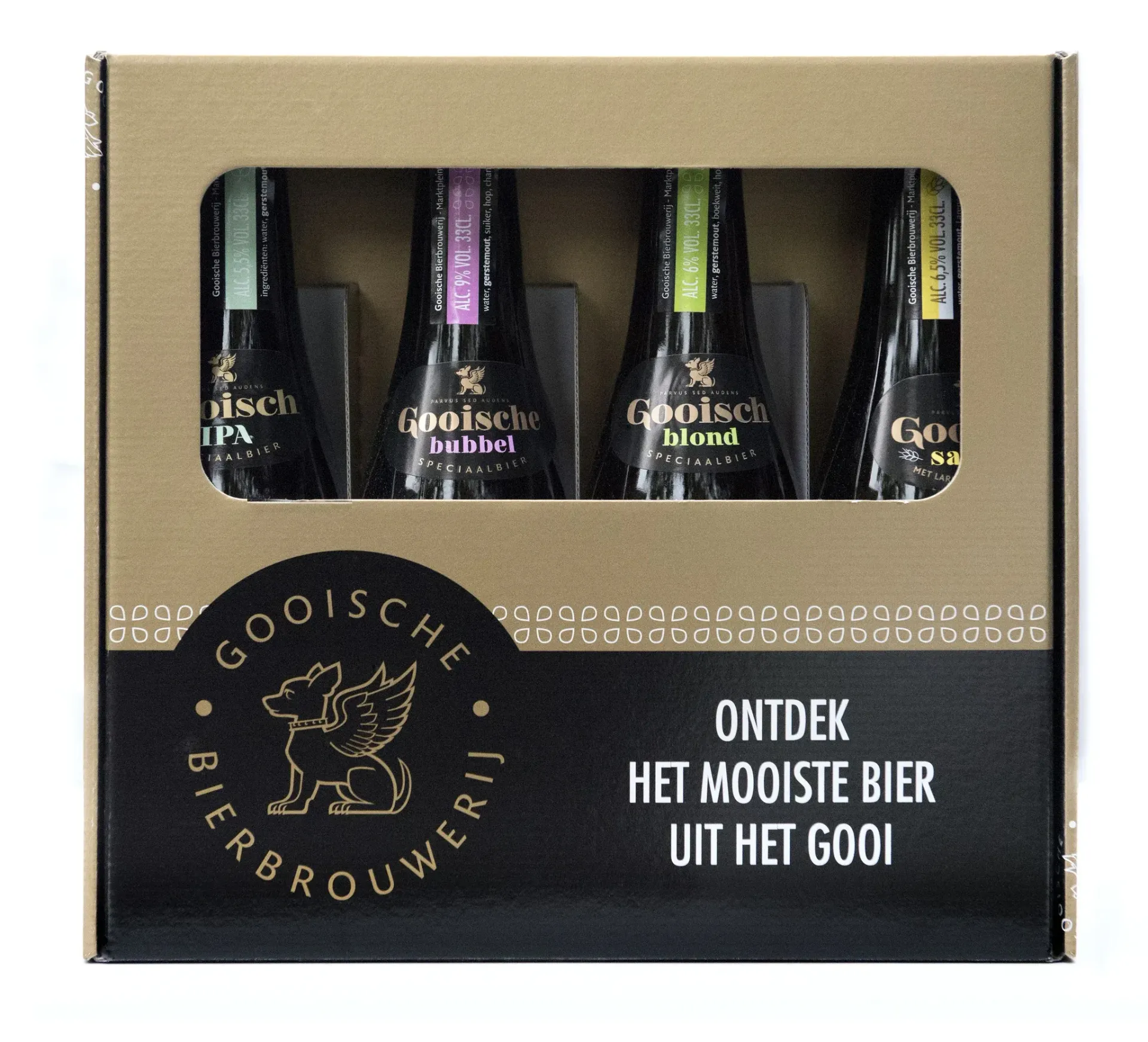 Gooische bier pakket met 4 flessen – Gooisch IPA, Bubbel, Blond en Saison bier in luxe zwarte en gouden doos
