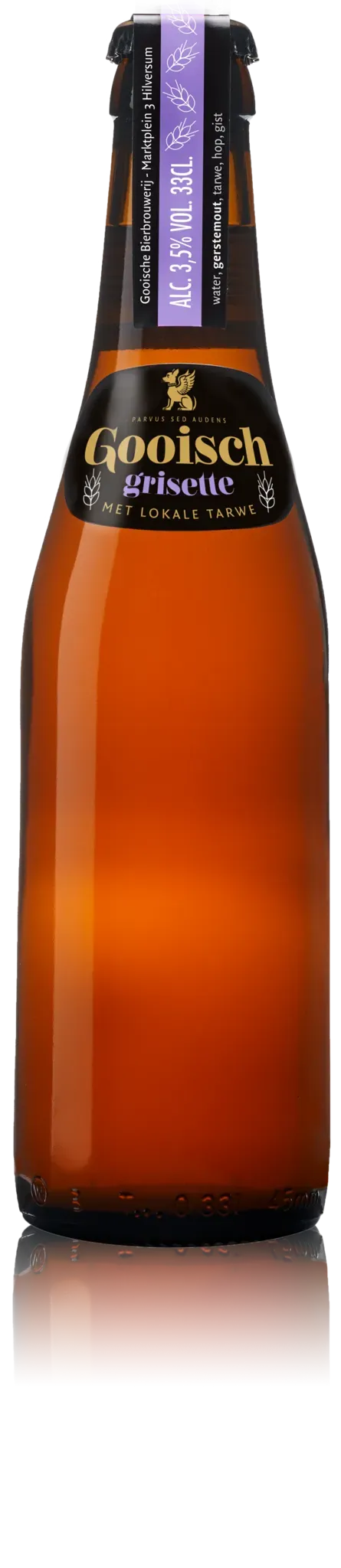 Fles Gooisch Grisette bier met zwarte hals en paars label, fris tarwe bier van 3,5% met lokale ingrediënten