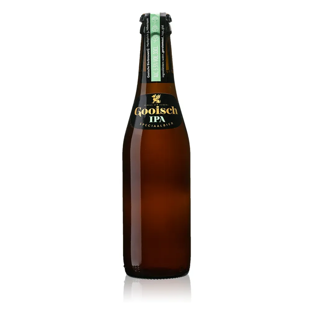 Bruine fles Gooisch IPA bier met stijlvolle zwarte etiketten, speciaal bier met karakter en frisse IPA-stijl uit Nederland