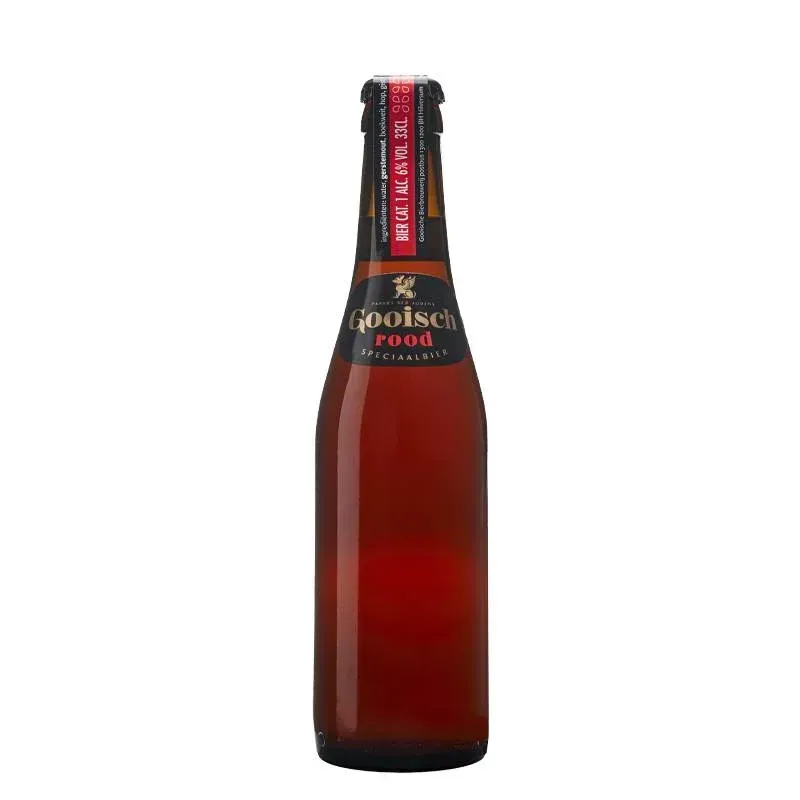 Gooisch Rood bier speciaalbier in slanke bruine bier fles met zwarte halsband en rode details, moutig en kruidig van smaak.