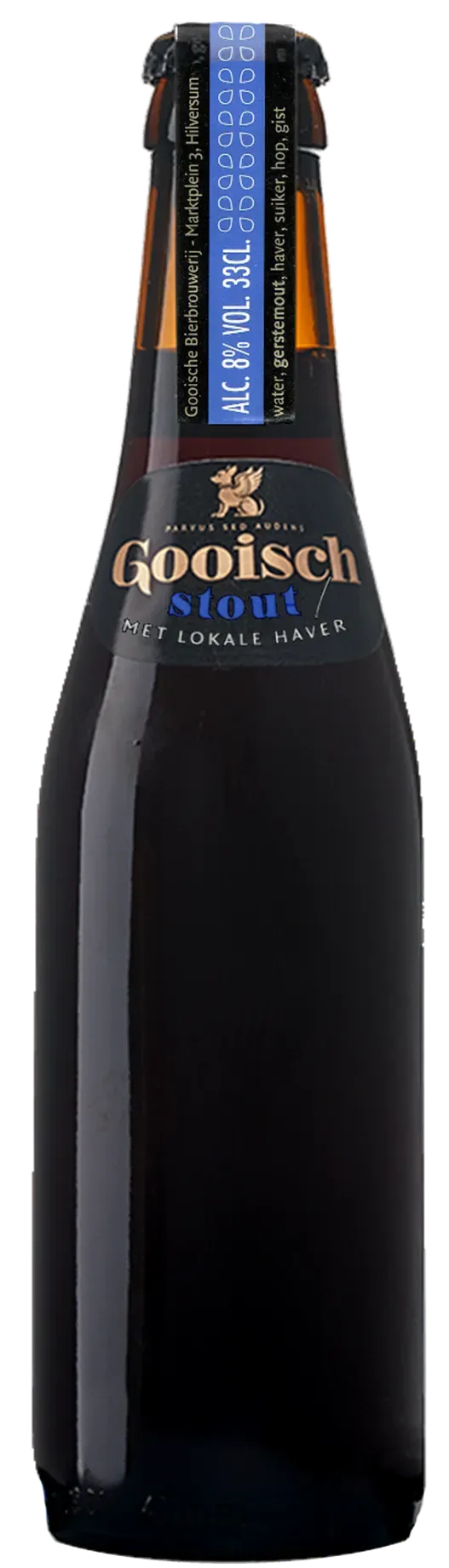 Fles Gooisch Stout bier met zwarte etiketten en blauwe accenten, 33cl, 8% alc, met lokale haver