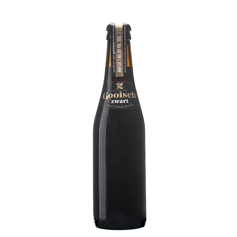 Fles Gooisch Zwart bier met zwart-gouden etiket, speciaalbier van de Gooische Bierbrouwerij