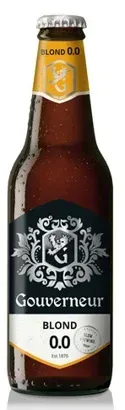 Fles Gouverneur Blond 0.0 bier met stijlvol zwart-goud etiket, alcoholvrij blond bier met zachte en frisse smaak