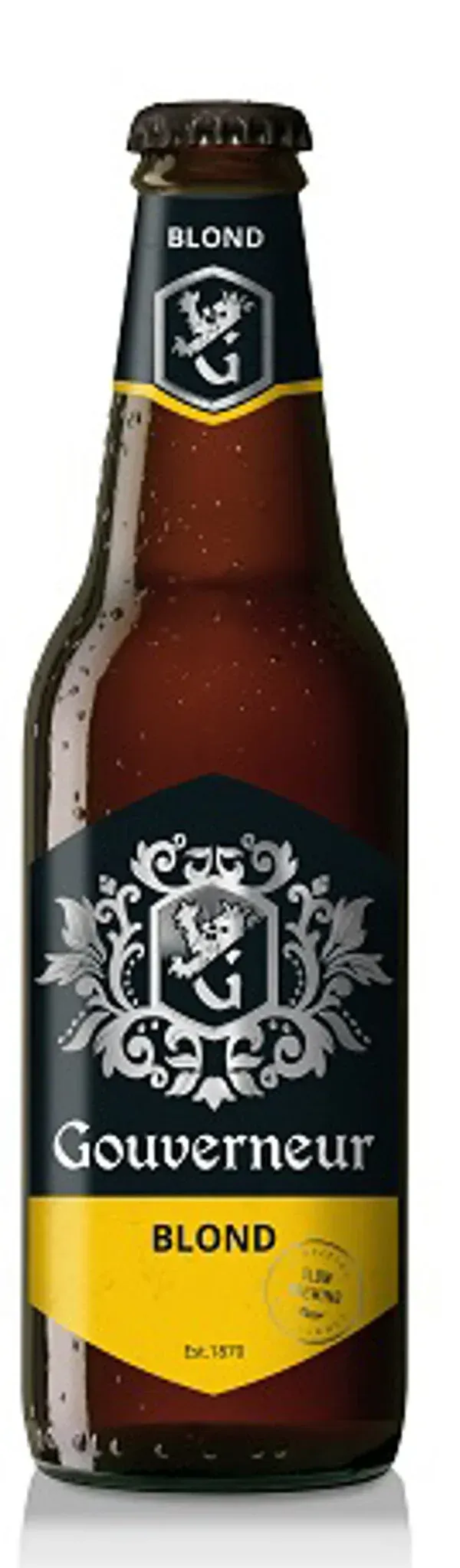 Gouverneur blond bier in bruine fles met zwart-geel etiket en wapenschild. Authentiek gebrouwen speciaal bier.