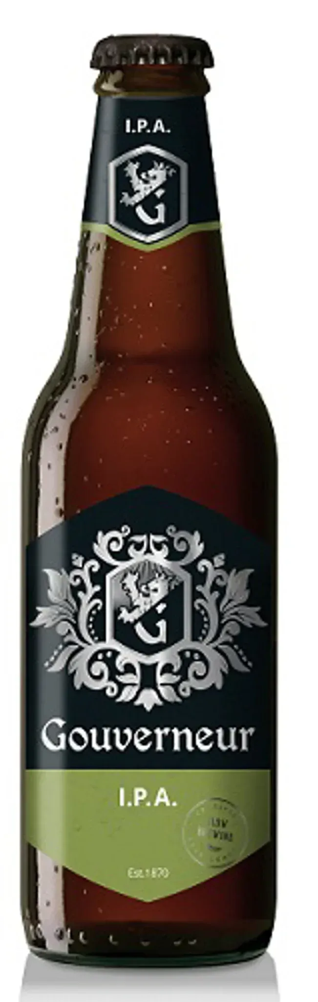 Donkerbruin bier flesje van Gouverneur met groen label en zilveren wapenschild, IPA bier met  ambachtelijke uitstraling