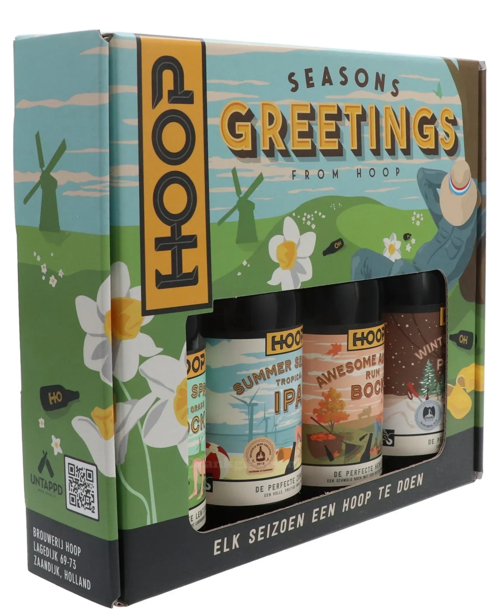 Hoop bier pakket Seasons Greetings met 4 flessen bier– Spring Bock, Summer IPA, Autumn Bock en Winter IPA bier