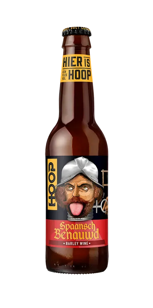 Spaansch Benauwd bier van Hoop – krachtige barley wine in fles met stripachtig label en ridder met uitgestoken tong.