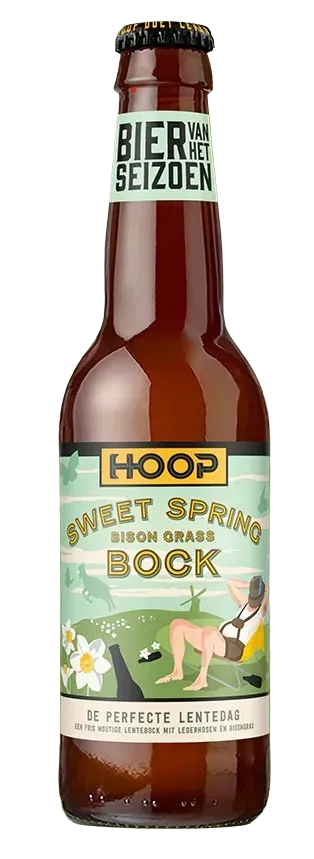 Hoop Sweet Spring Bock bier in lente bier fles met ligstoelfiguur – fris kruidig bockbier met bisongras en leverbloem
