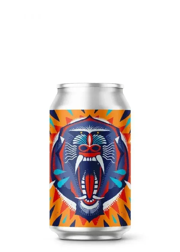 Zilverkleurig bier blik met felgekleurd ontwerp van een schreeuwende baviaan – een exotisch en expressief bier etiket.