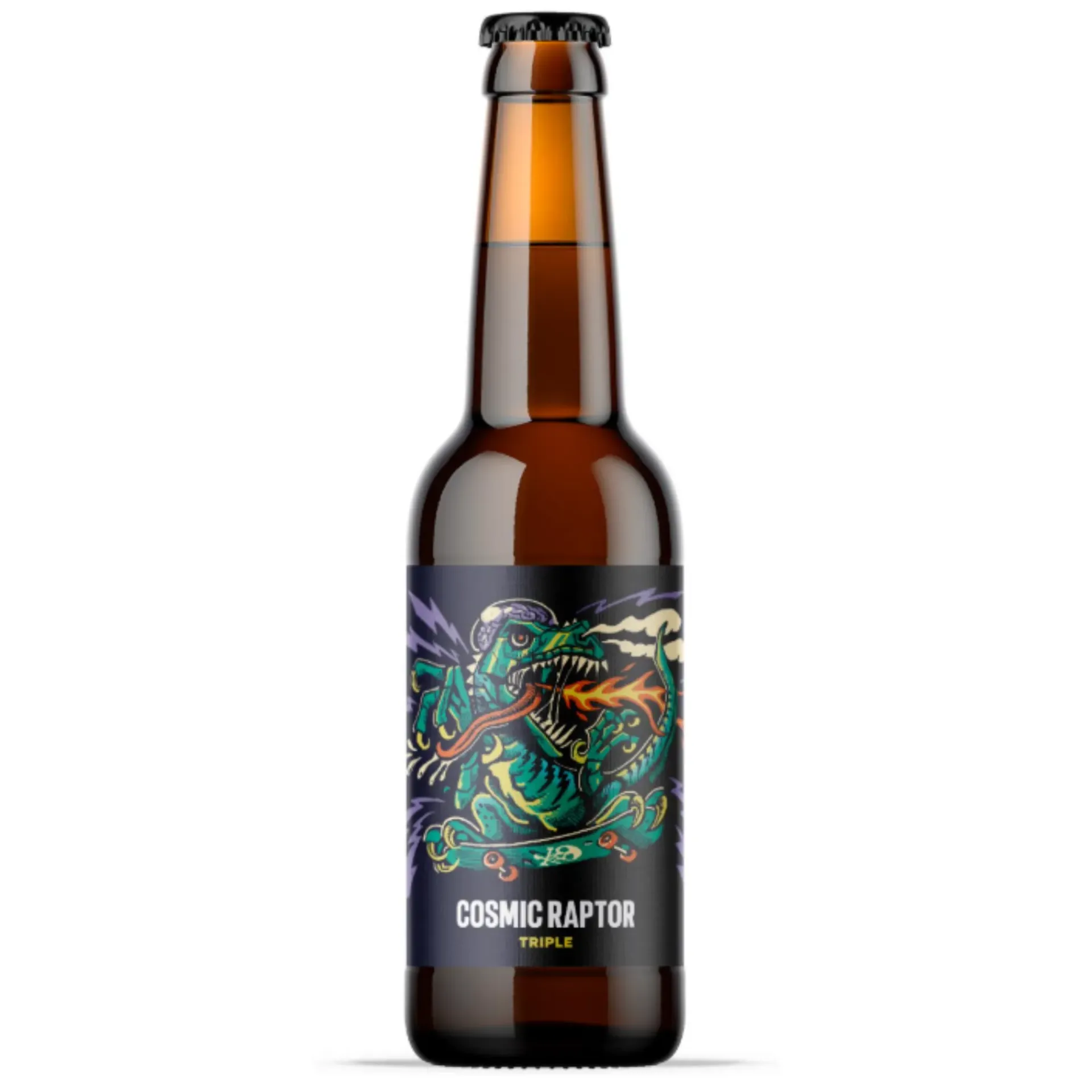 Fles Cosmic Raptor Tripel met kleurrijk dinosauruslabel. Krachtig bier met rock-’n-roll-uitstraling .