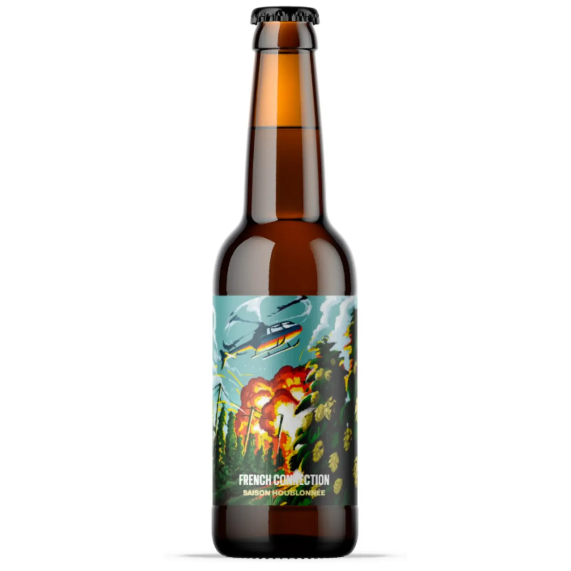 Fles French Connection saison bier met kleurrijk etiket vol hop, helikopter en explosies, hoppig en fris speciaal bier