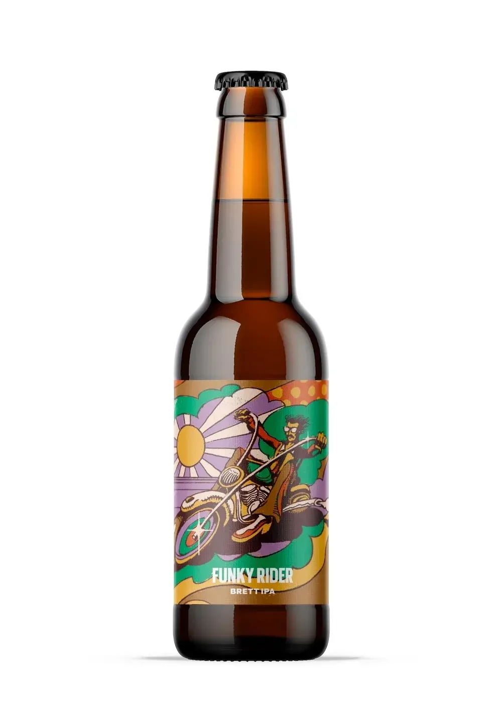 Bruine fles Funky Rider bier met kleurrijk retro etiket, Brett IPA met funky karakter en wilde gisting, fris en gedurfd bier.