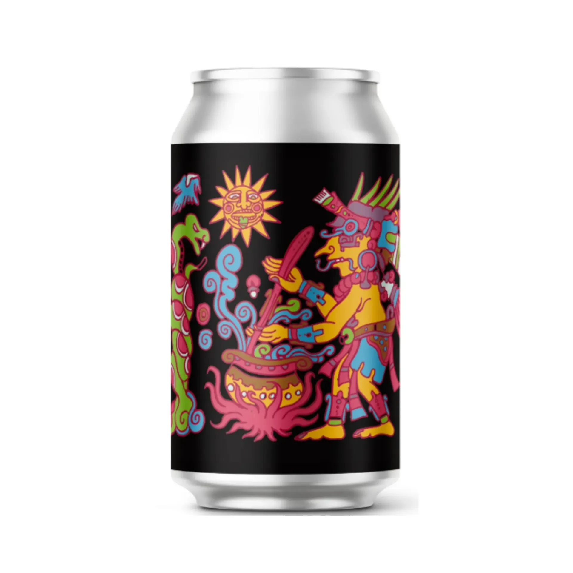 Blik bier met Azteeks artwork in felle kleuren op zwarte achtergrond, mystiek speciaalbier met illustratieve stijl