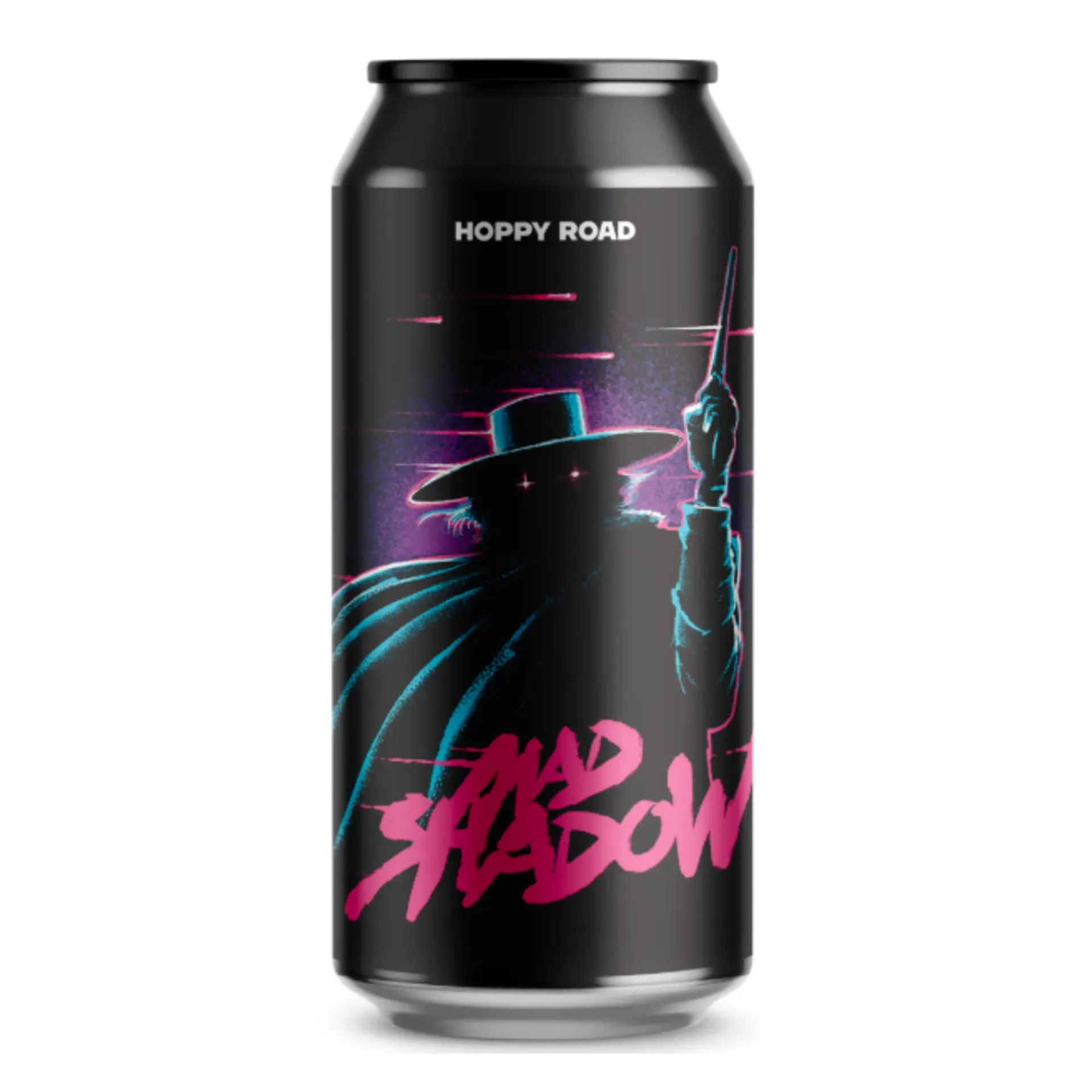 Blikje IPA bier met neonstijl afbeelding van mysterieuze figuur in cape en hoed, merknaam Mad Shadow