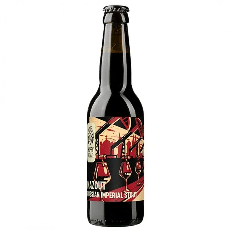 Fles Mazout bier van Hoppy Road met industrieel rood-beige etiket, krachtige Russian Imperial Stout