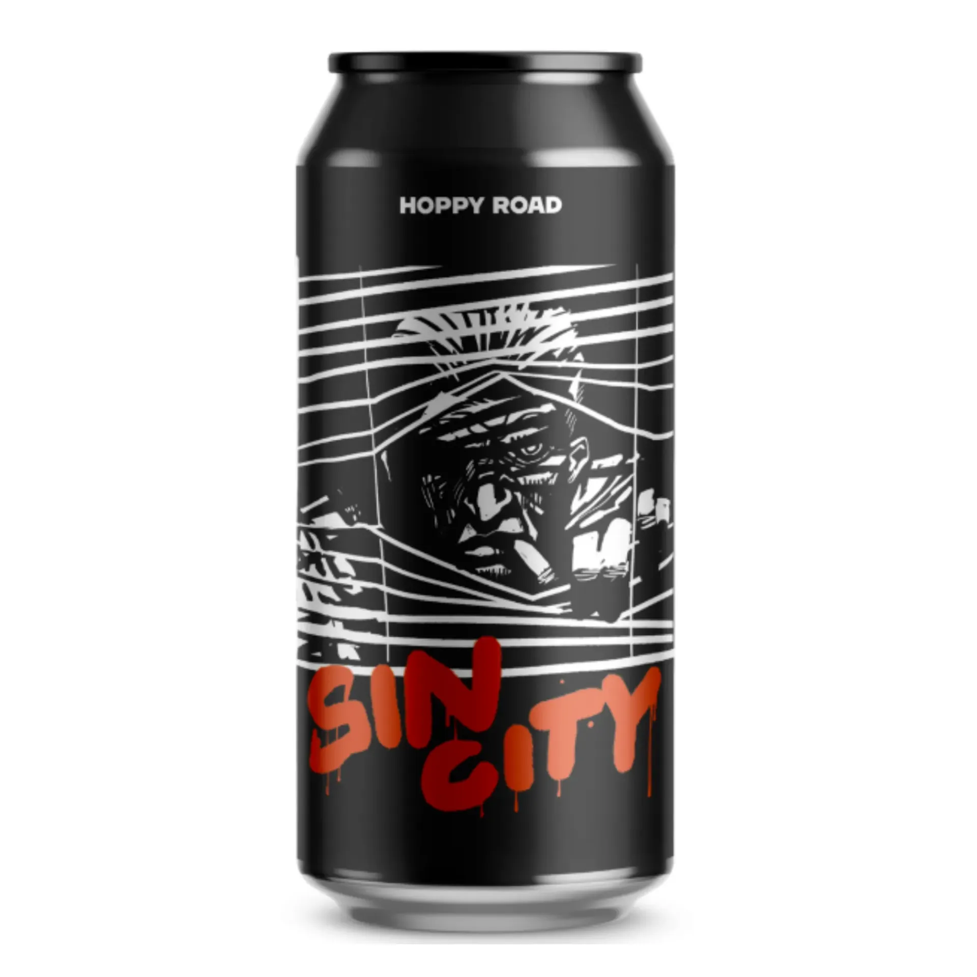 Zwart bier blik met stripachtige tekening van een man achter tralies – Sin City is een gedurfde IPA bier met karakter.