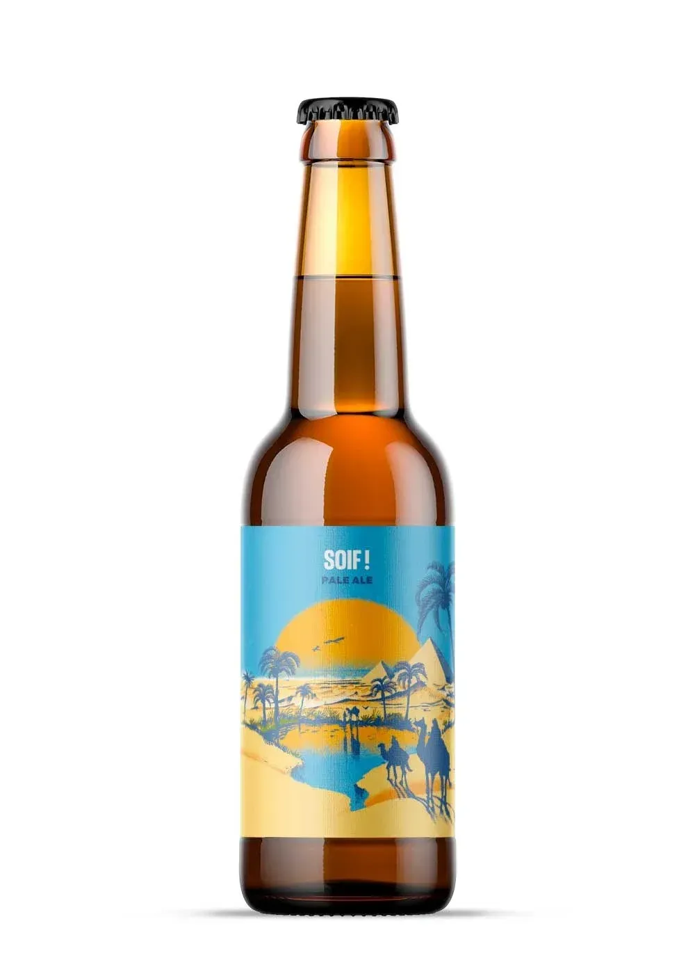 Soif! Pale Ale bier fles met woestijnachtige illustratie van kamelen, zonsondergang en palmbomen – zomers dorstlessend bier