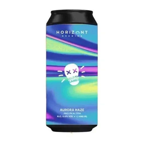 Aurora-kleurig bier blik van Horizont Brewing met doodshoofdlogo, tekst Aurora Haze Hazy IPA bier met Citra hop 6.4%.