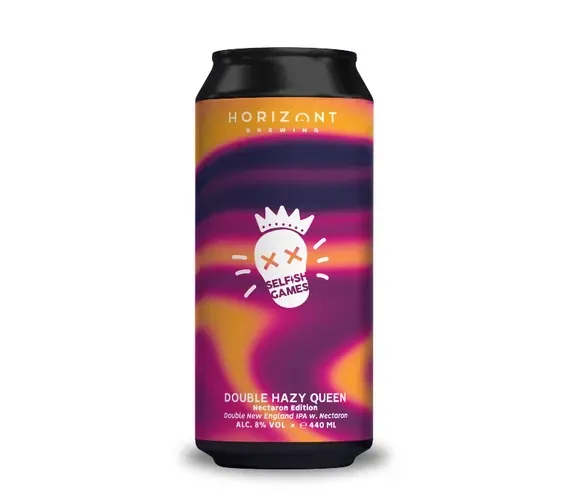 Paars-oranje bier blik van Horizont met cartoonkroon en tekst “Selfish Games”, Double New England IPA bier