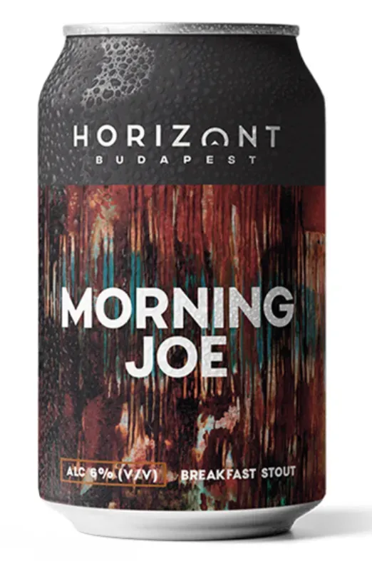 Blik Morning Joe bier van Horizont Budapest, breakfast stout van 6% met abstract bruin design