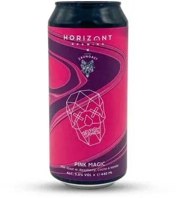 Blik Pink Magic bier van Horizont Brewing, felroze milk stout met framboos, cacao en vanille