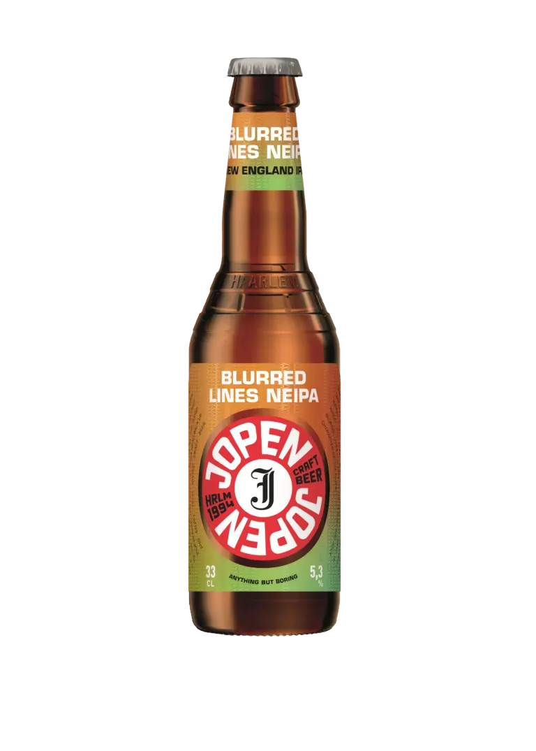Fles Blurred Lines NEIPA bier van Jopen met opvallend rood label, tropisch en zacht bier uit Haarlem met 5,3% alcohol