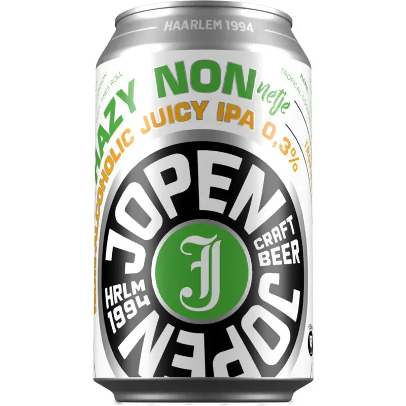 Nonnetje Juicy IPA bier van Jopen – alcoholarm en fruitig bier in groen-wit blik met hazy stijl en tropische frisheid.