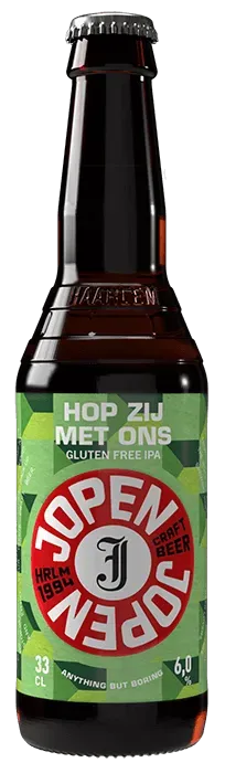 Groene bier fles van Jopen met grote rode cirkel en tekst “Hop Zij Met Ons”, glutenvrije IPA bier met speelse Haarlemse twist