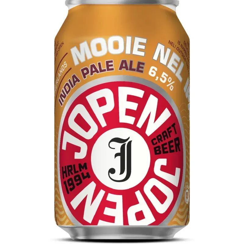 Blik Mooie Nel IPA bier van Jopen met goudkleurig etiket en rood logo, krachtige en fruitige India Pale Ale van 6,5% bier