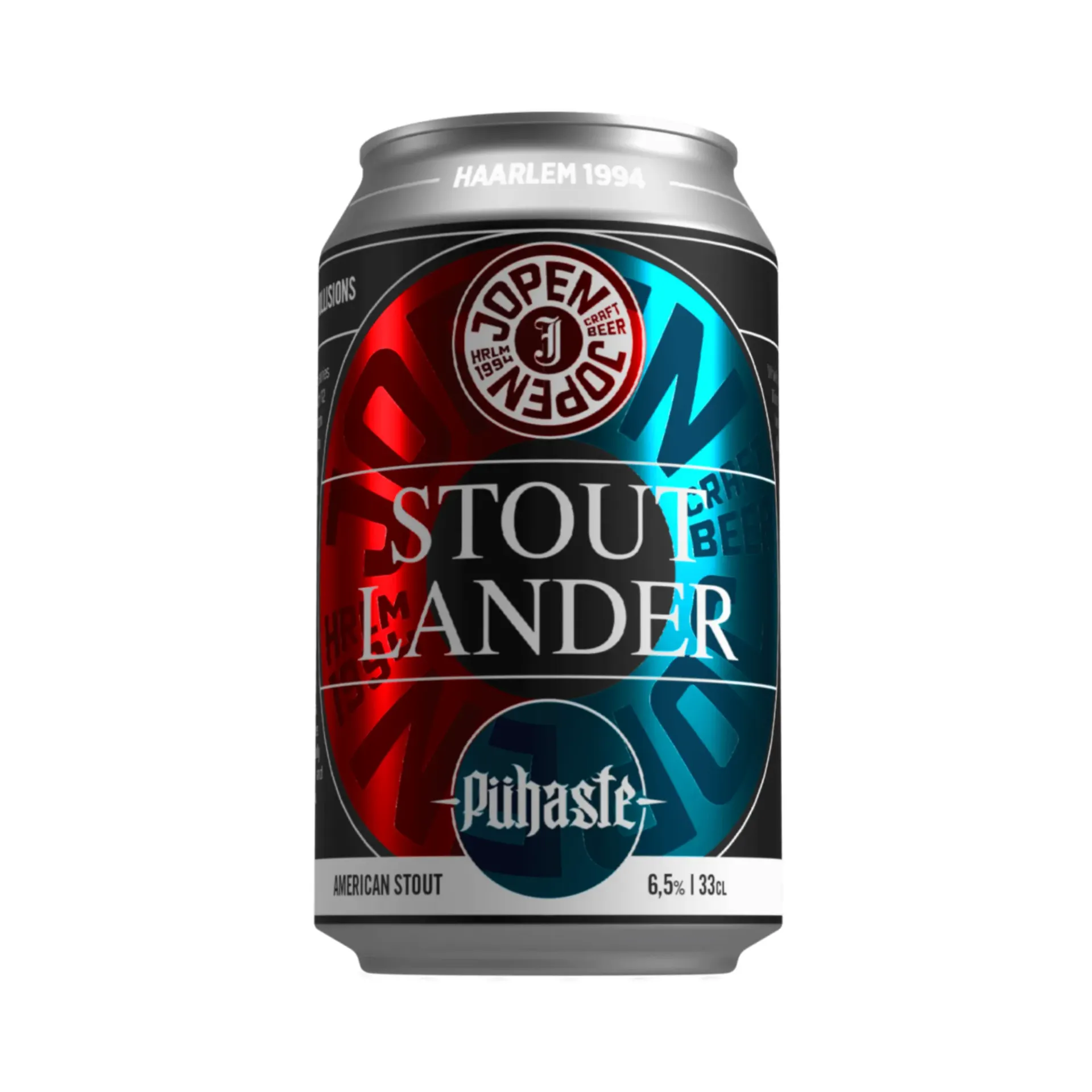 Blik Stoutlander bier van Jopen en Pühaste, kleurrijk rood-blauw design met 6,5% American Stout