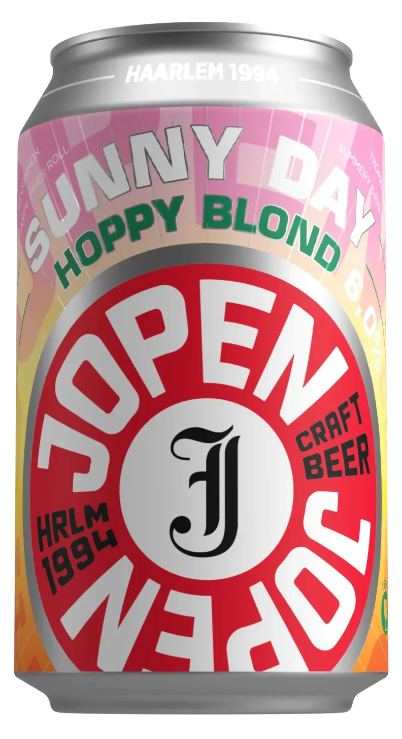 Kleurrijk bierblik van Jopen met Sunny Day Hoppy Blond. Fris en hoppig blond bier uit Haarlem.