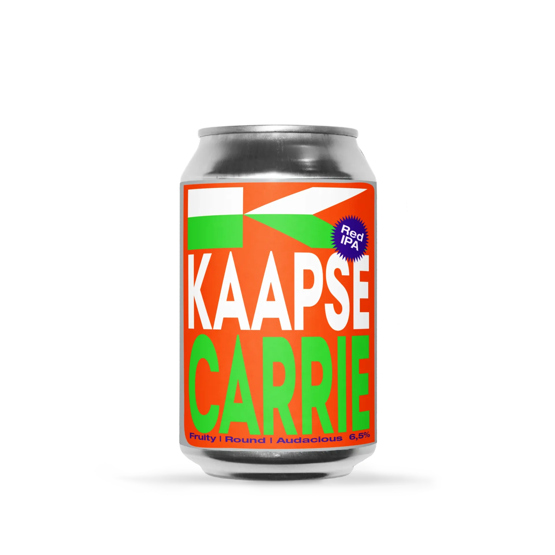 Blik Kaapse Carrie Red IPA bier met felgekleurd grafisch ontwerp, fruitig rond bier van 6,5% met een gedurfde smaak