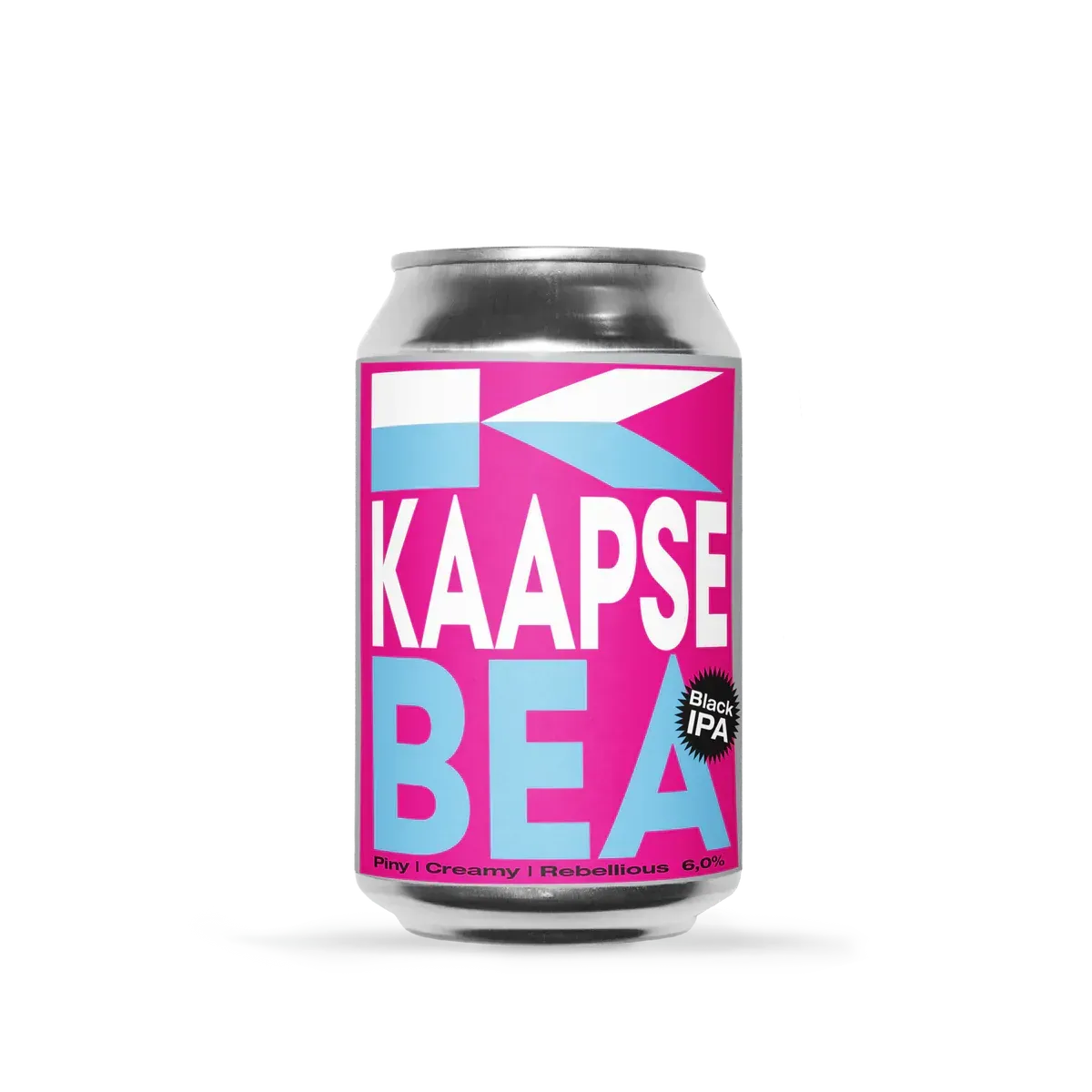 Roze-blauw blik Kaapse Bea bier met modern design, Black IPA bier van 6% met romige moutbasis, hoppig bierkarakter.