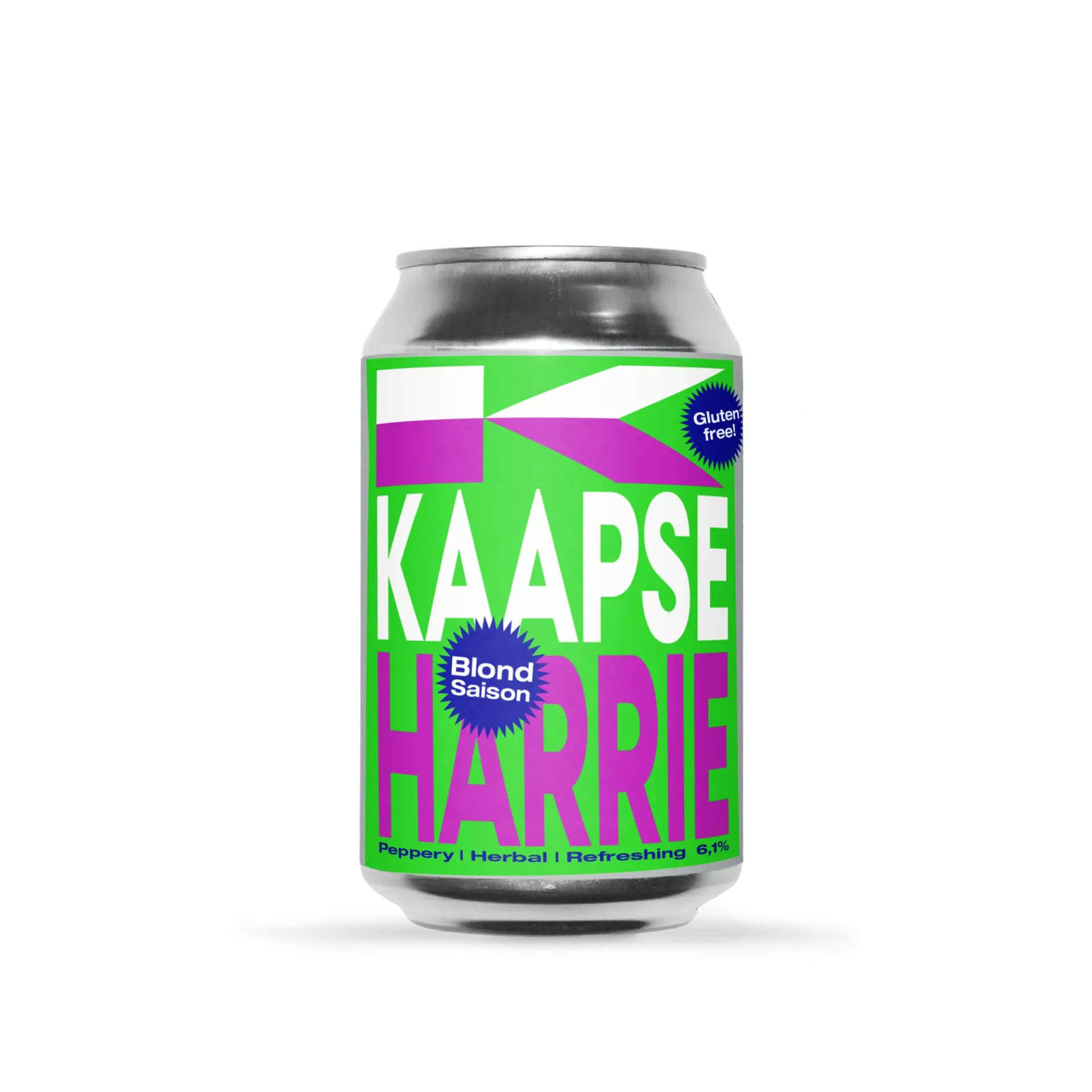 Groen blik Kaapse Harrie blond saison bier met paarse accenten, glutenvrij en kruidig speciaalbier van 6,1%