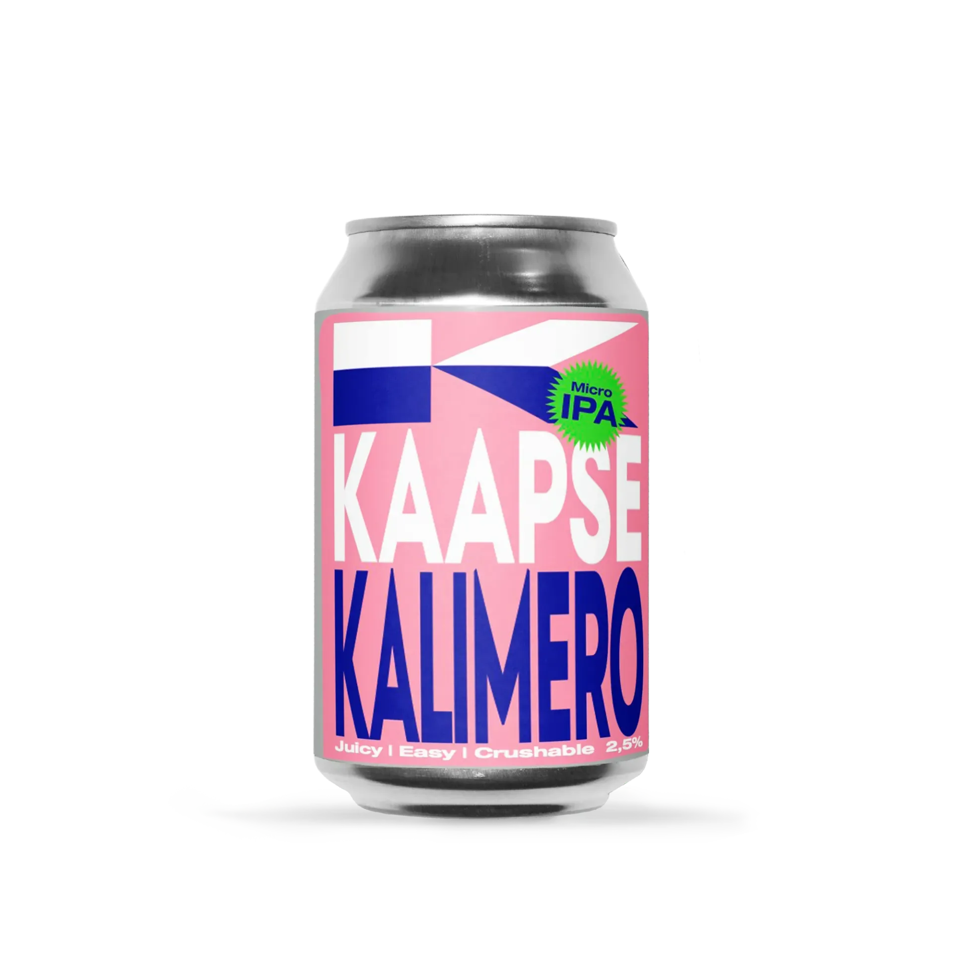 Roze-blauw bier blik Kaapse Kalimero met felgroene Micro IPA-sticker; juicy en doordrinkbaar bier van 2,5% alcohol.