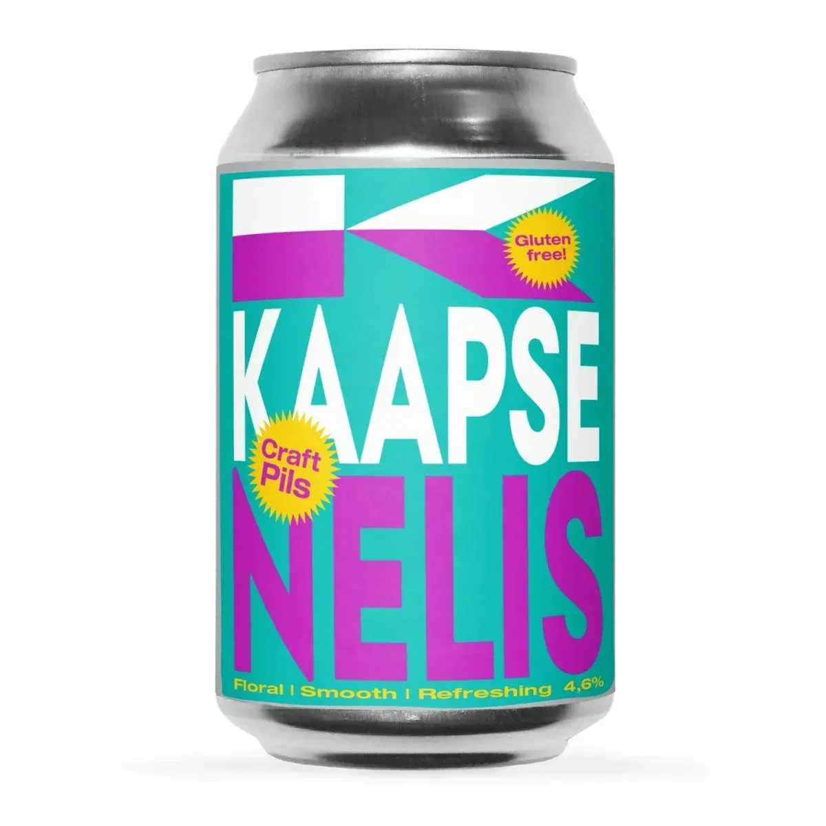 Blikje Kaapse Nelis bier, een craft pils van 4,6% alcohol, met kleurrijk turquoise en paars etiket en tekst ‘gluten free’.